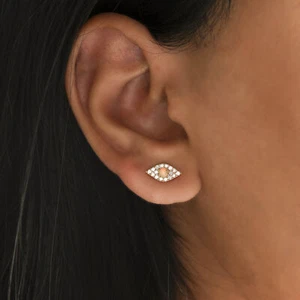 14K Gold VS/F-G Diamond-Opal October Birthstone Evil Eye Earrings - The Jewelz - Picture 1 of 8