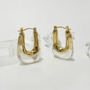 Gold Rectangle Earrings Lucite Hoop Earrings Fancy Acrylic Geometric Earrings