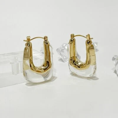 Gold Rectangle Earrings Lucite Hoop Earrings Fancy Acrylic Geometric Earrings - Image 1 of 4