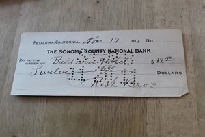 SONOMA COUNTY NATIONAL BANK 1911 CHECK PETALUMA , CALIFORNIA RISK BROS. - Picture 1 of 2