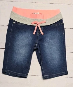 SO GIRLS 12 DARK FADED JEAN ELASTIC WAIST NEON GRAY BERMUDA CORAL BOW SHORTS - Picture 1 of 14