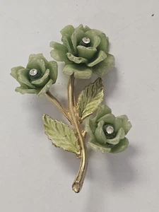 Broche vintage de diamantes de imitación con flores verdes - Imagen 1 de 7