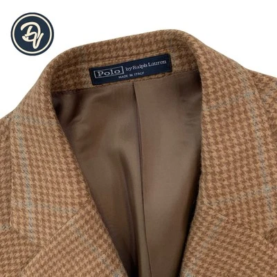 Mens 46 L  Polo Ralph Lauren Italy 100 % Camel Hair Light Brown Over Check Plaid - Image 1 of 4