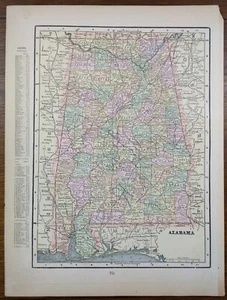 Vintage 1900 ALABAMA Map 11"x14" Old Antique Original MOBILE MONTGOMERY TUSKEGEE - Picture 1 of 7