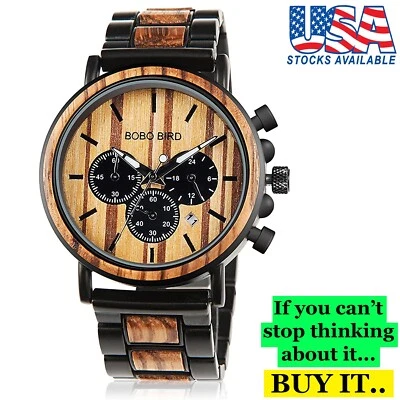 Men's Wooden Watch Chronograph Quartz Wood Stainless Steel Casual Wristwatch New - Image 1 of 4