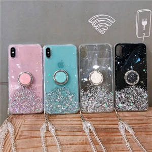 Glitzer Bling Silikon Handyhülle Schutz Handy Tasche Mit Tragegurt Ring halter - Picture 1 of 10