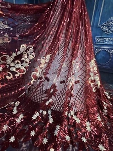 Cabernet Sparkly Burgundy Holographic Sequined Lace Fabric.Quality. Wedding. BTY - Picture 1 of 5