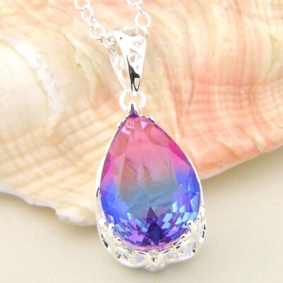 Collares Colgantes Clásicos Forma de Lágrima Turmalina Púrpura Citrino Gema Plata Foto 1 de 4