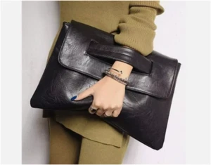 Womens Black Leather Messenger Bag Large Clutch Purse Envelope Handbag Briefcase - Picture 1 of 2