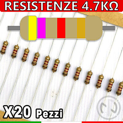 20 Pezzi Resistenze 4.7 Kohm 1/4W 0,25 WATT Strato Carbone 5% Resistor 4.7k • 1€