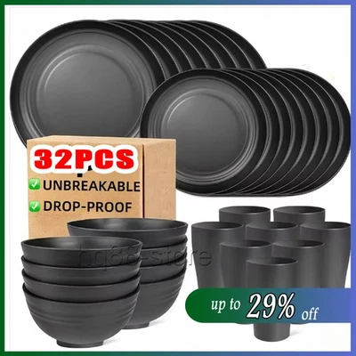 Black Dinnerware Bowl Plates PP Round Dinner Set Tableware 32PCS/SET NEW UK - Image 1 of 4