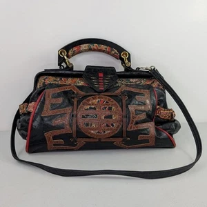 Bolso de Mano Colini Vintage EE. UU. Cartera Oriental Cuero Negro Colorido Floral Obra de Arte - Imagen 1 de 24