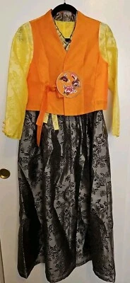Mujeres 3 Piezas Coreano Tradicional Hanbok Negro/Gris Vestido Amarillo Jct Org Chaleco Talla S Foto 1 de 4