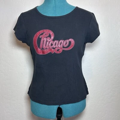 90s Vintage Women’s Baby Tee Chicago Rock Band XL Glitter Black Red - Image 1 of 4
