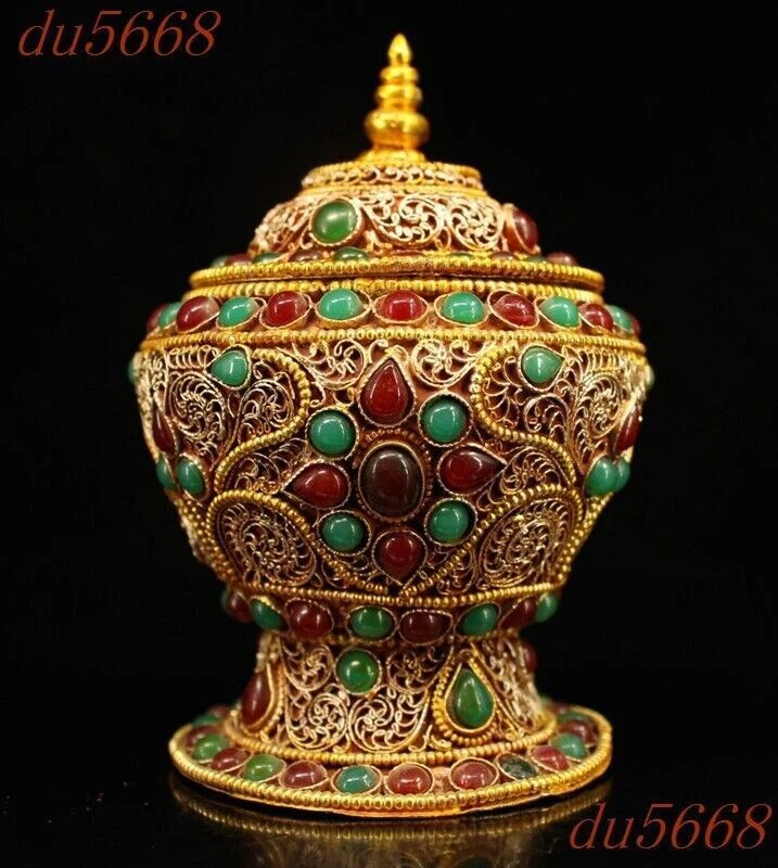 Frasco de relíquia de filigrana de prata 4,8" China com incrustação de pedras preciosas tanques pote de crock - Imagem 1 de 4