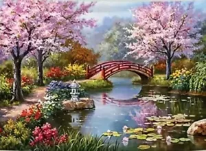 78,7X59" Schwarzlicht Wandteppich Ästhetische Blumen Brücke Kirschblüten Wandhängend - Bild 1 von 7