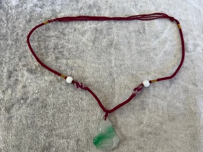 Jade Hand Carved Laughing Buddha Pendant On Pink Cord Necklace Adjustable - Image 1 of 4