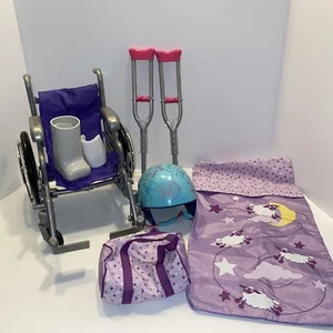18” Accessories Kit Baby Doll Wheelchair Crutches Casts Sleeping Bag Helmet - Picture 1 of 20