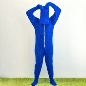 Blue catsuit thick fuzzy mohair overall mittens socks separate balaclava, M-L - Picture 1 of 10