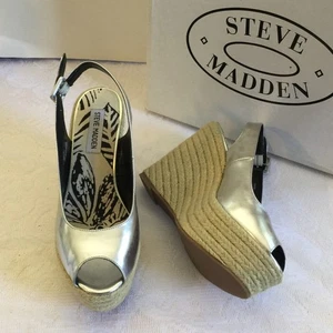 NEW VTG Steve Madden Peep Toe Espadrille Sling Backs Metallic Silver Size 7 - Picture 1 of 7