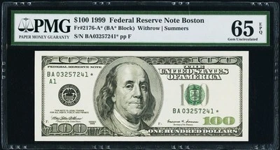 $100 1999 Federal Reserve * Star Note Boston Fr#2176-A PMG 65 EPQ Gem UNC - Image 1 of 3