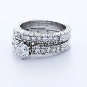 2.31CTW LAB DIAMONDS I/SI1 ROUND CUT 18K WHITE GOLD VINTAGE SIDE-STONE RING SET - Picture 1 of 3