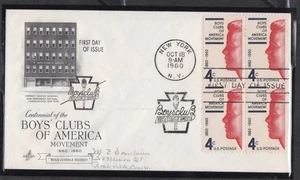USA 1960 ARTCRAFT FIRST DAY COVER BOY'S CLUBS OF AMERICA IN BLOCK OF 4 + CACHET - Picture 1 of 1