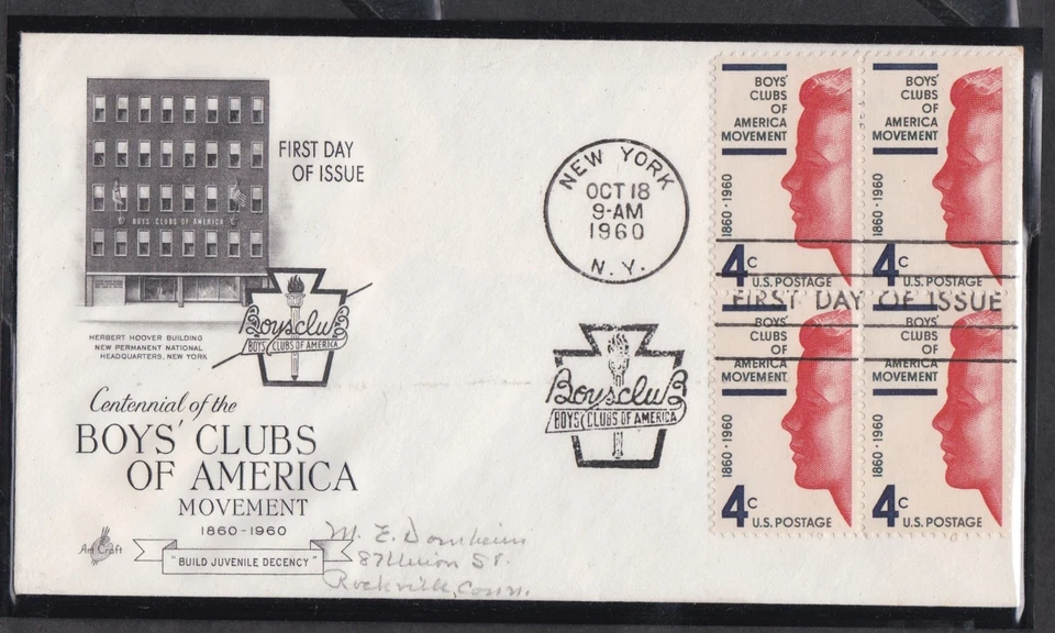 USA 1960 ARTCRAFT FIRST DAY COVER BOY'S CLUBS OF AMERICA IN BLOCK OF 4 + CACHET - Image 1 of 1