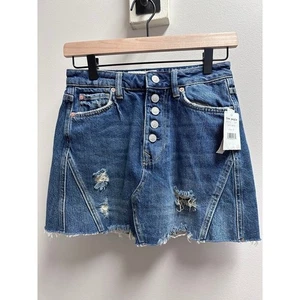 Free People We The Free dunkler Denim-Minirock Knopfleiste abgenutzt roher Saum - Bild 1 von 9
