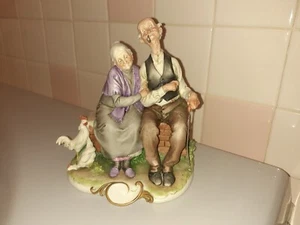 Giuseppe Cappe Italy Porcelain Elderly` Couple Sitting on the Bench, Chickens - Picture 1 of 15