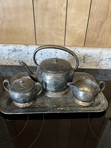 VINTAGE Silver On Copper 6 Pc TEA SET W/ Serving Tray🔥ACADEMY🔥Sugar Cream - Picture 1 of 4