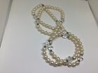 35” Monet Silver Tone Faux Pearl Clear Faceted Beads Snap Clasp Necklace Vintage
