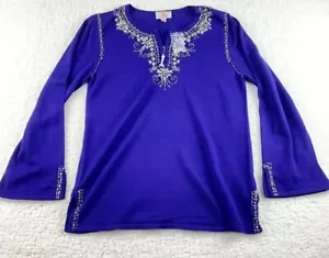 Quacker Factory Sweater Womens S 1/4 Zip Purple Beaded Long Bell Sleeve Cotton - Picture 1 of 11