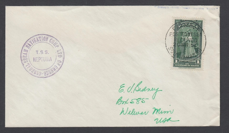 Capa PAQUEBOT Panamá Sc 343 em 1952 South Hampton, POSTADA NO MAR cancelar - Imagem 1 de 1