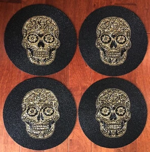x4 NICOLE MILLER Halloween GOLD BEADED Sugar Skull PLACEMAT SET Day of the Dead - Picture 1 of 8
