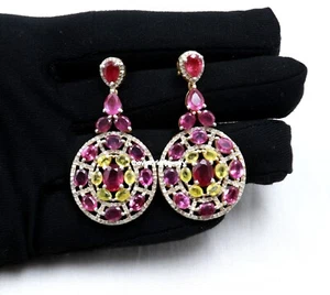925 Solid Silver Ruby, Citrine Pave Diamond Victorian Earring Jewelry Gift - Picture 1 of 8