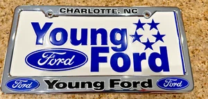Young Ford Dealership Booster License Plate + Frame Charlotte N Carolina Dealer - Picture 1 of 3