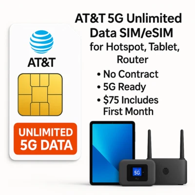 AT&T 5G Datos Ilimitados SIM/eSIM para Hotspot, Tablet, Router - Sin Contrato, Rápido Foto 1 de 4