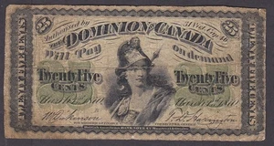[F+, No Tears or Holes] 1870 Canada 25 Cents DC-1b P-8c [006-3] - Picture 1 of 2