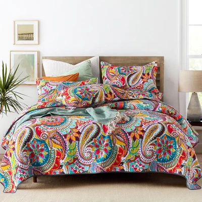California King Quilt, Boho Paisley Pattern Colorful Cotton Quilt, 3 Piece Li... - Image 1 of 4
