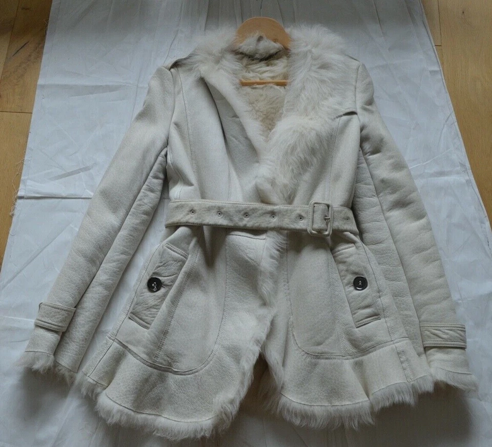 Burberry White Sheepskin Leather Shearling Belted Jacket Coat Womens UK 8 US 6 - Image 1 of 4