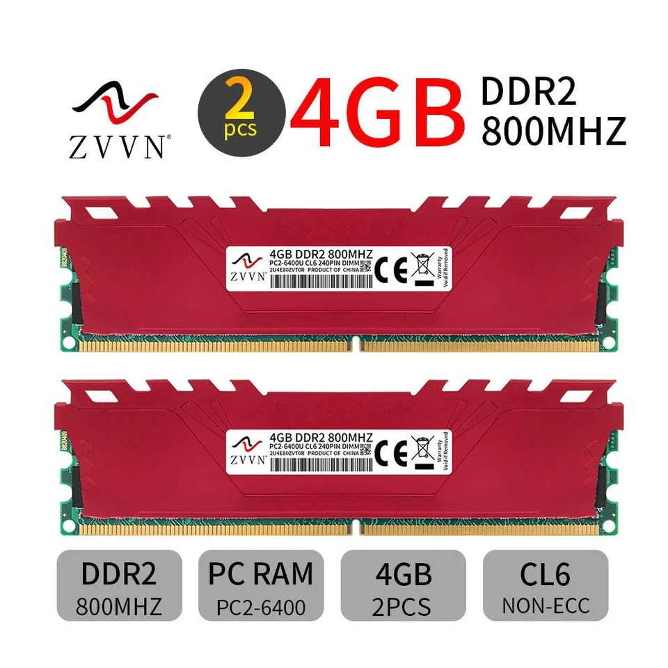 ZVVN 8GB 2x 4GB DDR2 800MHz PC2-6400U CL6 240Pin intel Desktop PC Memory RAM RED - Image 1 of 4