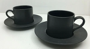 2 Cup Saucer Sets Pottery Barn Stoneware Black PBA79 Embossed Rings Smooth Tea - Picture 1 of 4