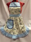 RETRO VINTAGE 50s STYLE FULL APRON / PINNY - BLUE ROSES on CREAM with PALE BLUE