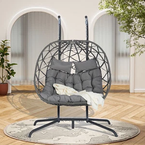 2 Person Outdoor Rattan Hanging Chair Patio Wicker Egg Hanging Chair with Stand - Picture 1 of 7