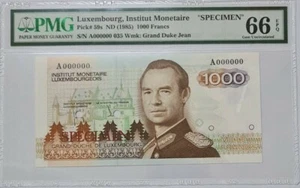 1985 LUXEMBOURG 1000 Francs "SPECIMEN" PMG66 EPQ GEM UNC {P-59s} 'No.035' - Picture 1 of 4