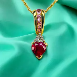 10K Gold- Natural Ruby Necklace -18"- Red Ruby Heart Pink Sapphire & Diamond- 1g - Picture 1 of 24
