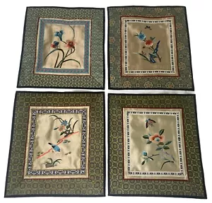 Four Vtg Flower Butterfly Asian Chinese Japanese Silk Embroidery Tapestry Panels - Picture 1 of 11
