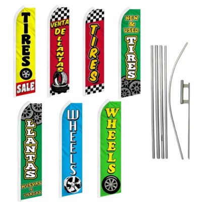 Auto New Used Tires Sale Variations Swooper Advertising Banner Flag Pole Kits - Image 1 of 3