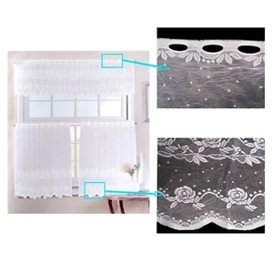 Juego de 3 cortinas de cortina de encaje de cocina rosa blanca para café - Imagen 1 de 2